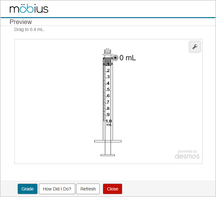 The Desmos app is shown inserted below the question statement in the Question Text pane of the Question Editor.